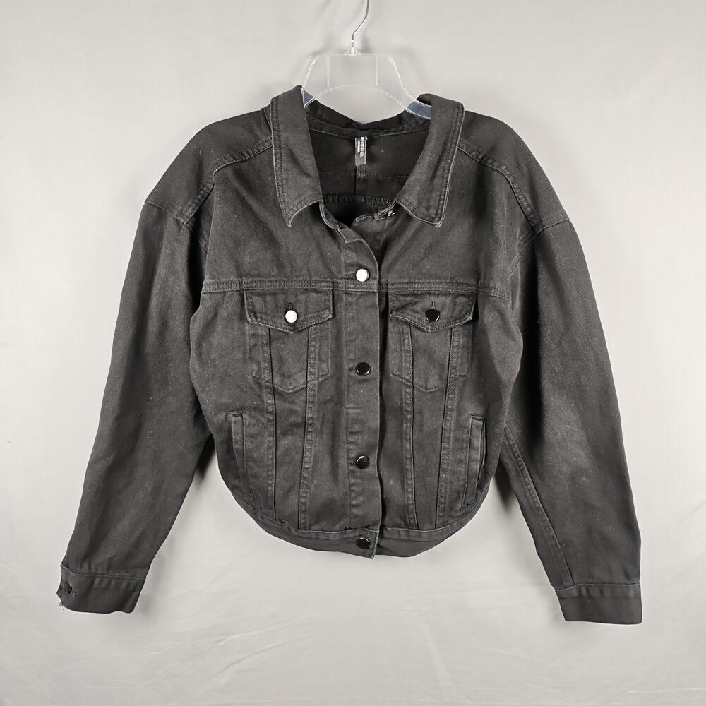 American Bazi Denim Jacket Womens Medium Black Cropped Open Back Button Front